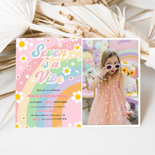 Seven Is A Vibe Groovy Daisy Rainbow 7th Birthday  Invitation