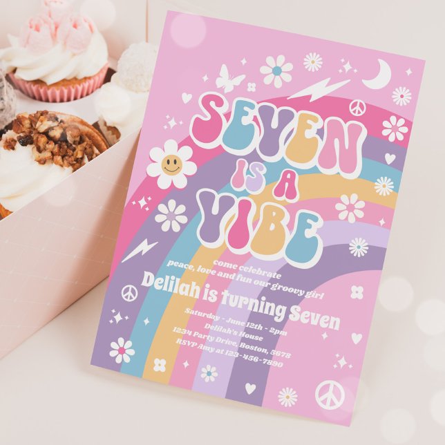 Seven Is A Vibe Groovy Hippie Rainbow 7th Birthday Invitation (Creator Uploaded)