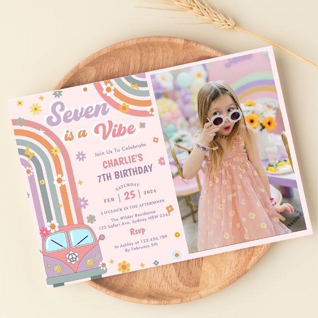 Seven Is A Vibe Groovy Retro Daisy Birthday Photo  Invitation (Creator Uploaded)
