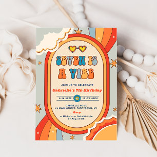 Seven Is A Vibe Groovy Retro Rainbow 7th Birthday  Invitation