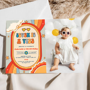 Seven Is A Vibe Groovy Retro Rainbow 7th Birthday  Invitation