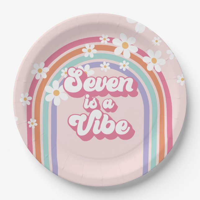 Seven is a Vibe Rainbow Pink 7th Birthday Paper Plate (Front)