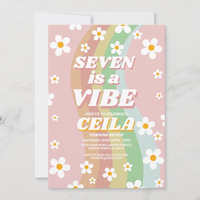 Seven is a Vibe Retro 7th Groovy Pink Girl 1970s Invitation (Front)