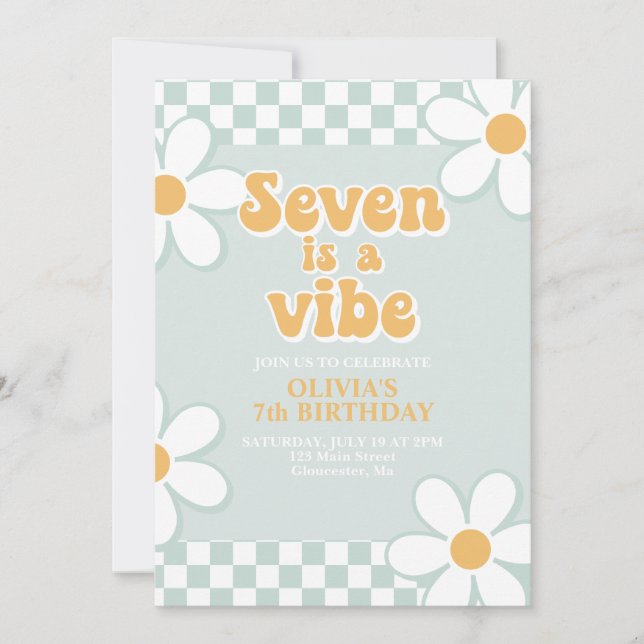 Seven is a Vibe Retro Check Mint Invitation (Front)