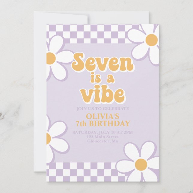 Seven is a Vibe Retro Check Purple Daisy Invitation (Front)
