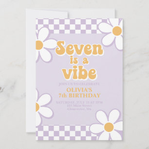 Seven is a Vibe Retro Check Purple Daisy Invitation