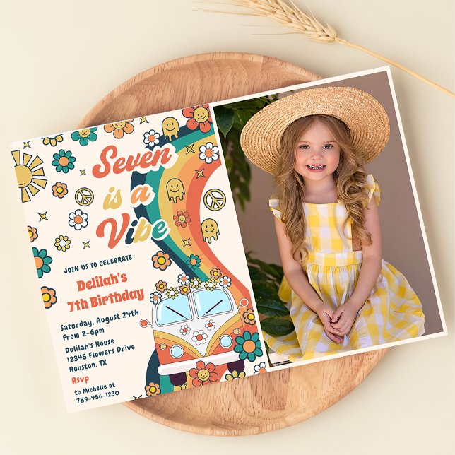 Seven Is A Vibe Retro Floral 7th Birthday Party Invitation (Creator Uploaded)