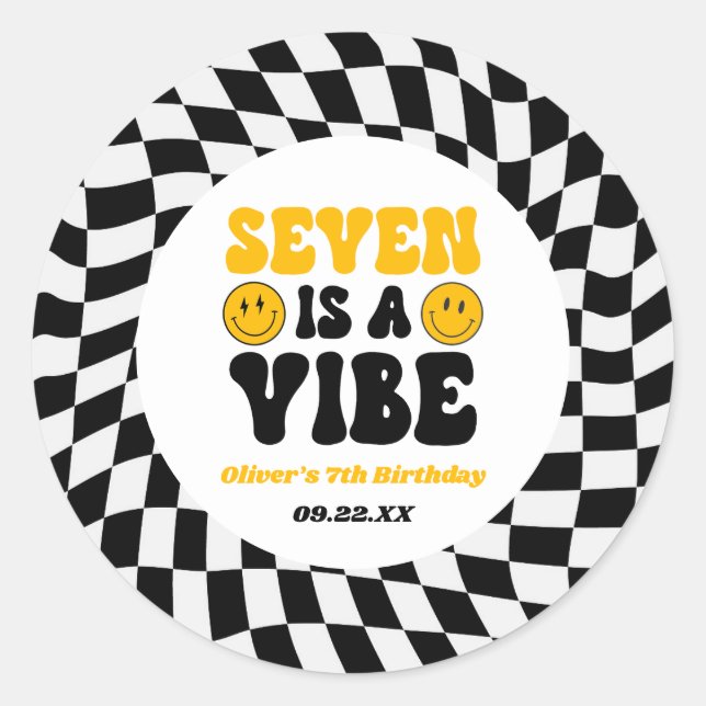 Seven Is A Vibe Retro Seventh 7th Birthday Party Classic Round Sticker (Front)