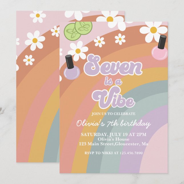 Seven is a vibe Spa Rainbow 7th Birthday Invitation (Front/Back)