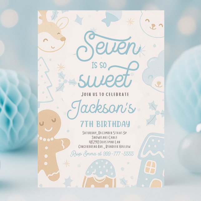 Seven Is So Sweet Christmas Cookie Birthday Party Invitation (Seven Is So Sweet boy Christmas cookie birthday party with festive holiday décor, colorful cookies, )