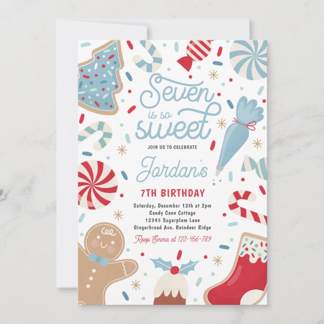 Seven Is So Sweet Christmas Cookie Birthday Party  Invitation (Front)