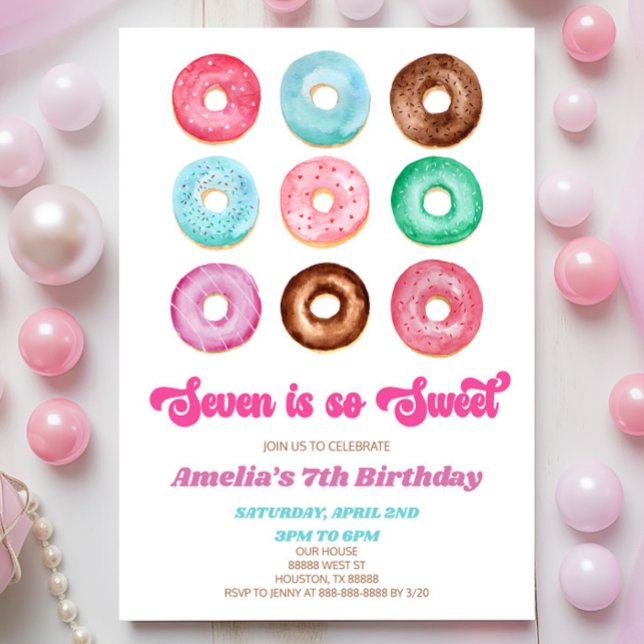 Seven Is So Sweet Doughnut 7th Birthday Party Invitation (Creator Uploaded)