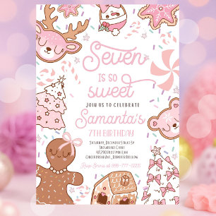 Seven Is So Sweet Girl Christmas Cookie Birthday  Invitation