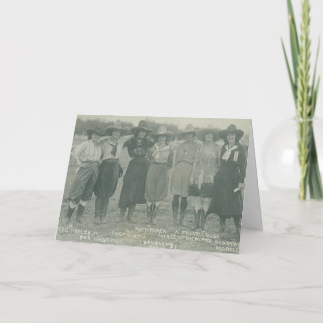Seven rodeo cowgirls posing for a photograph. card (Front)