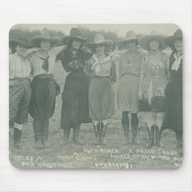 Seven rodeo cowgirls posing for a photograph. mouse mat (Front)