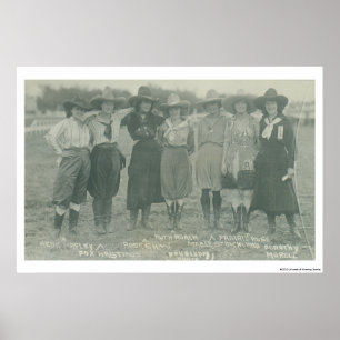Seven rodeo cowgirls posing for a photograph. poster
