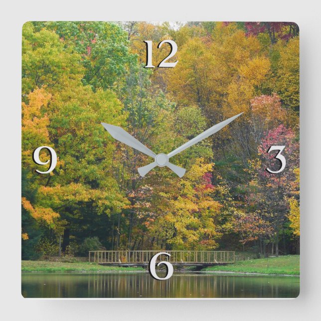 Seven Springs Fall Bridge II Autumn Landscape Square Wall Clock (Front)