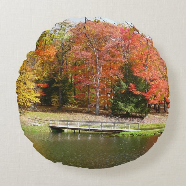 Seven Springs Fall Bridge III Autumn Landscape Round Cushion (Front)