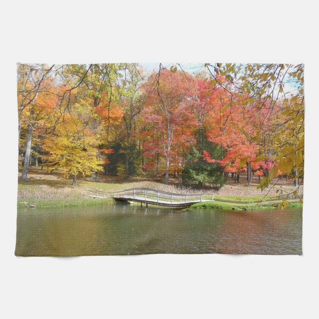 Seven Springs Fall Bridge III Autumn Landscape Tea Towel (Horizontal)