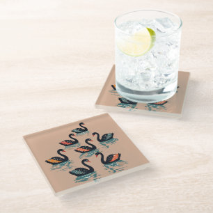 Seven Swans A Swimming Cut-Out Stencil-Style 4 Glass Coaster