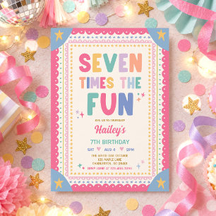 Seven Times The Fun Whimsical Girl 7th Birthday Invitation