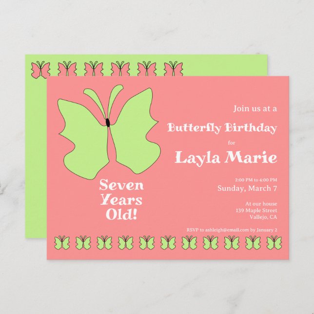  Seven Year Old Butterfly Birthday Party Postcard (Front/Back)