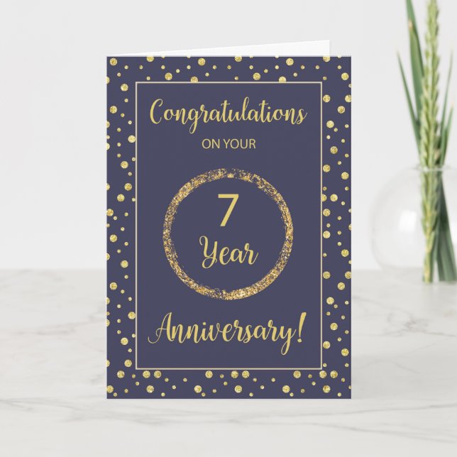 Seven Years Business Anniversary Navy & Gold-Look Card (Front)