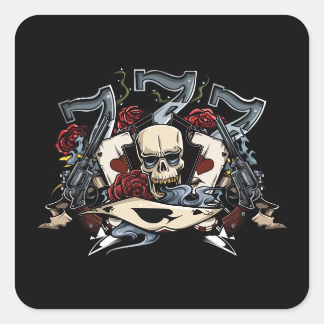 Sevens Skull Guns Roses Ace Of Spades Gambling Square Sticker (Front)