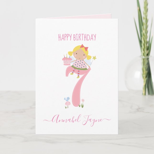 Seventh birthday fairy cute pink personalised card (Front)