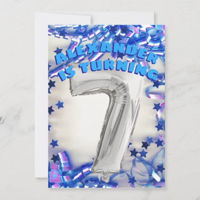 Seventh Birthday Silver and Blue Age 7 Boys Party Invitation (Front)