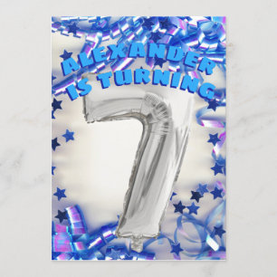 Seventh Birthday Silver and Blue Age 7 Boys Party Invitation