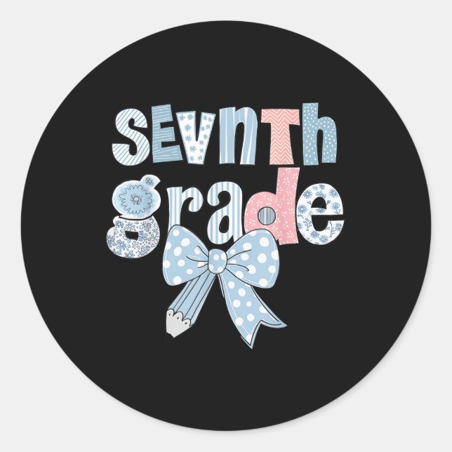 Seventh Grade Coquette Bow Pencil First Day Back T Classic Round Sticker (Front)