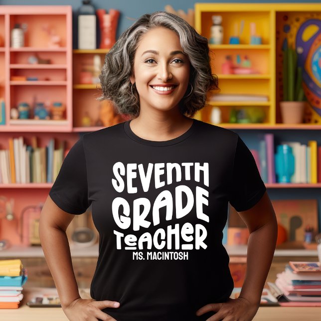 Seventh Grade Teacher White Retro Text Custom T-Shirt (Creator Uploaded)