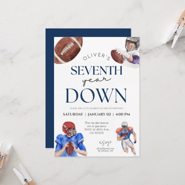 Seventh year down football theme boy 7th birthday invitation (Front/Back In Situ)