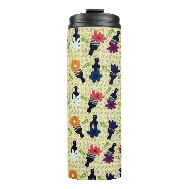 Seventies Afro Picks and Flowers Thermal Tumbler (Front)