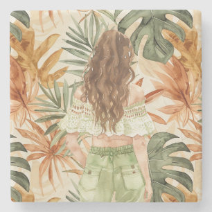 Seventies Brown Hair Girl Orange Green Leaves Stone Coaster