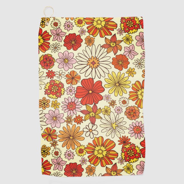 Seventies inspired warm floral print golf towel (Front)