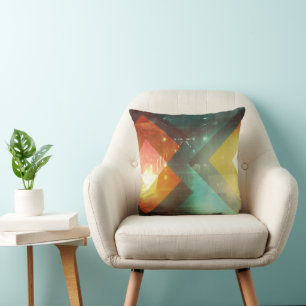Seventies Orange Abstract Techno Triangles Cushion