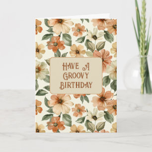 Seventies Orange Green Leaves Groovy Birthday Card