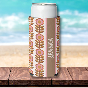 Seventies Retro Pink-Brown Flower Power Pattern Seltzer Can Cooler