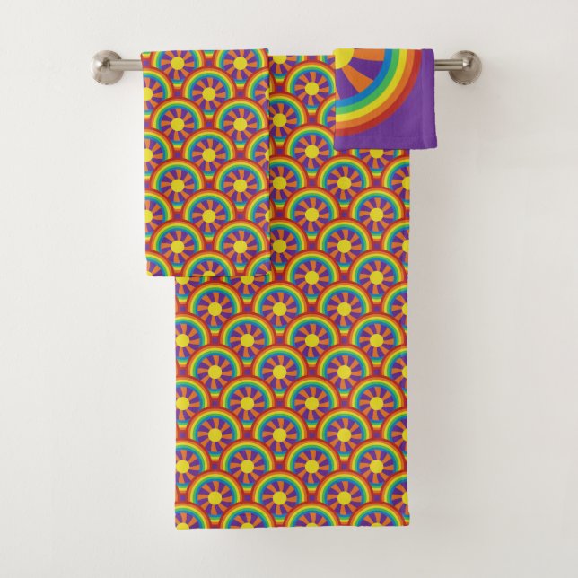 Seventies Style Rainbows and Sun Graphic Pattern Bath Towel Set (Insitu)