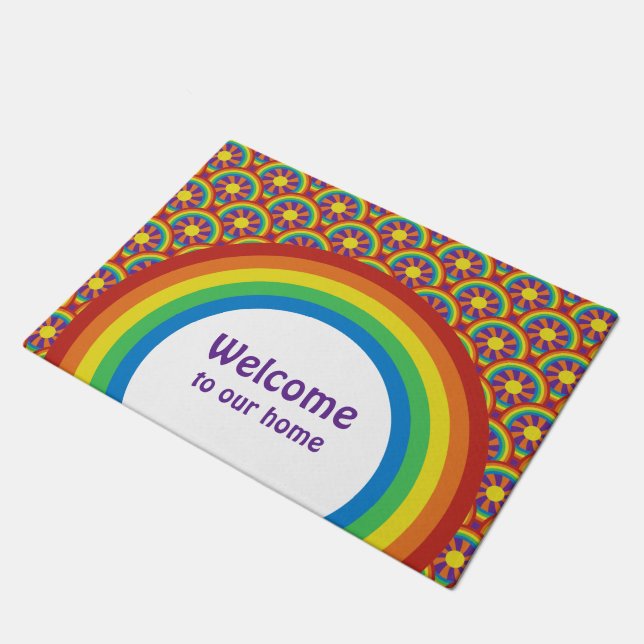 Seventies Style Rainbows and Sun Graphic Pattern Doormat (Angled)