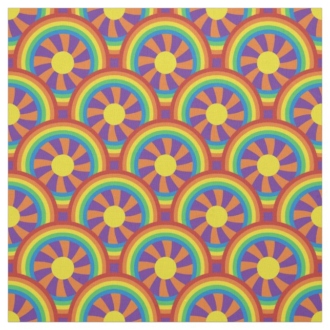 Seventies Style Rainbows and Sun Graphic Pattern Fabric (Swatch)