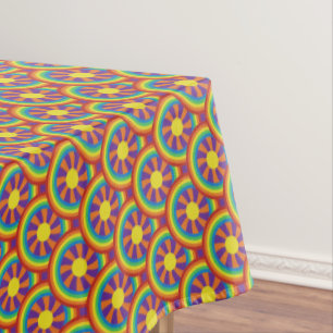 Seventies Style Rainbows and Sun Graphic Pattern Tablecloth