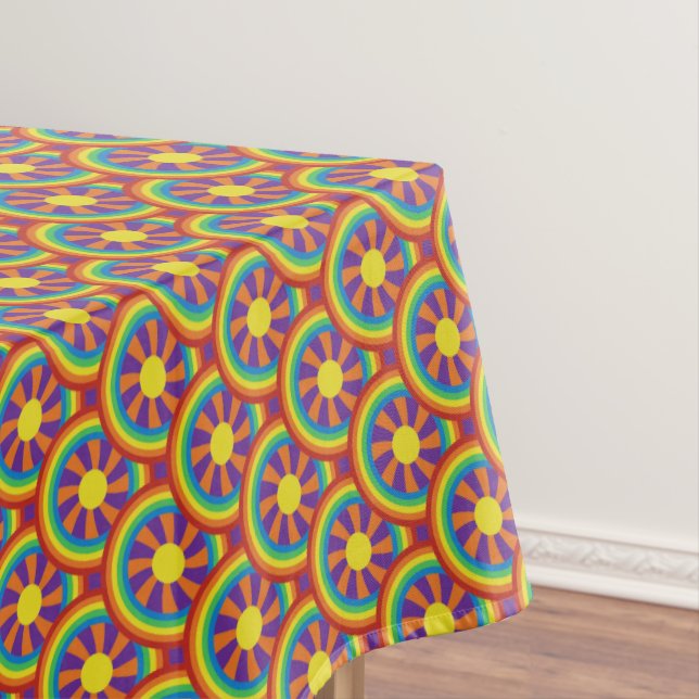 Seventies Style Rainbows and Sun Graphic Pattern Tablecloth (In Situ)