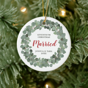 Seventieth Christmas Married Personalised Wreath Ceramic Tree Decoration