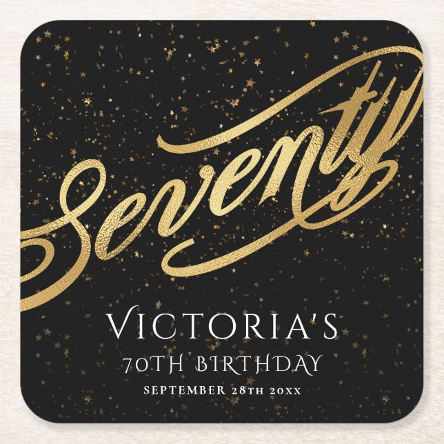 Seventy 70th Birthday Confetti Gold Foil Black Square Paper Coaster (Front)