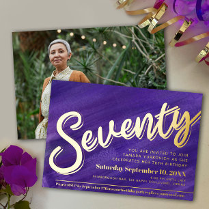 Seventy 70th Birthday party purple art gold script