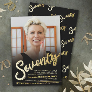 Seventy 70th Birthday photo script flat gold colou Invitation