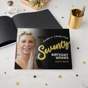 Seventy 70th birthday photos black gold guest book